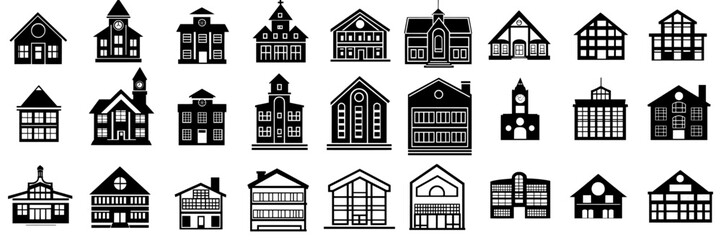 Poster - Modern icons for school buildings have been set, showcasing urban school architecture and structure through an institutional illustration