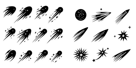 Poster - The set of modern icons includes falling, shooting stars, meteorites, and comets with tails