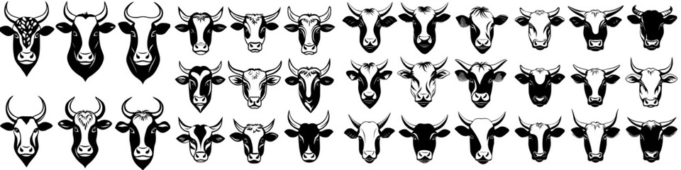 Poster - Modern portraits of isolated cow heads are used for cattle faces on natural dairy product packaging from farms