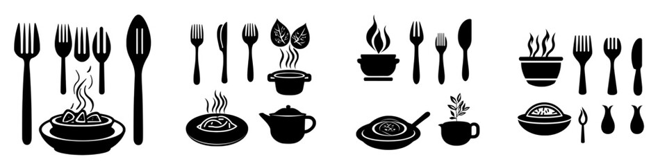 Poster - Black silhouette icons of kitchen plates and cutlery, along with chef and cooking emblems, and modern restaurant symbols isolated