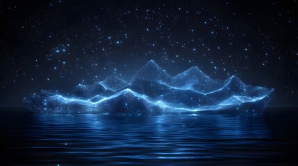 Aufkleber - Serene night scene featuring water and glowing blue wireframe mountains under a starry sky. Perfect for backgrounds or abstract designs. Abstract wireframe in dark blue