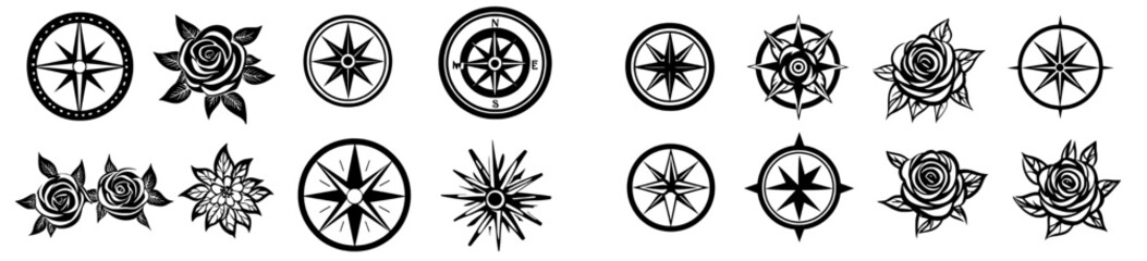 Poster - A vintage compass is depicted alongside a nautical wind rose, compasses for travel maps, and vintage marine navigation arrow symbols, all part of a retro outline modern set