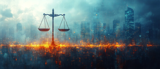 Poster - Digital balance scale floats over glowing futuristic cityscape under moody sky