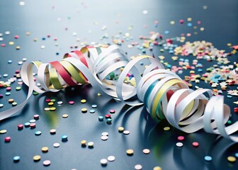 Poster - Colorful Ribbons & Confetti Party Celebration Background - Festive Stock Photo