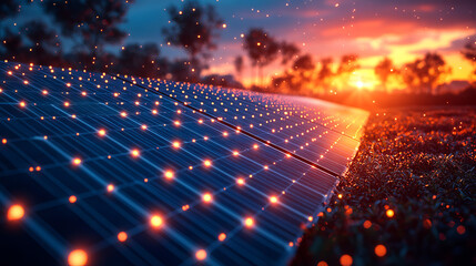 Poster - Solar panel with glowing lights at sunset showing futuristic energy technology and efficiency