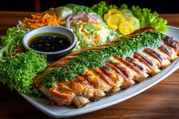 Aufkleber - Delicious grilled meat served with fresh vegetables and dipping sauce for a mouthwatering meal experience