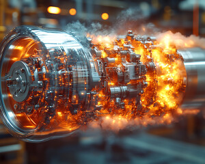 Poster - detailed close up of high performance combustion engine with glowing fiery elements and steam