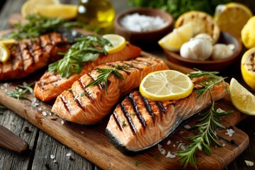 Aufkleber - Grilled salmon fillets garnished with lemon and herbs on a wooden cutting board