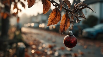 Aufkleber - a red ornament is hanging on a tree.stock image