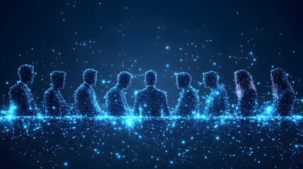 Aufkleber - Futuristic meeting scene with blue wireframe figures against a dark blue background, symbolizing connectivity and technology. Abstract wireframe in dark blue.