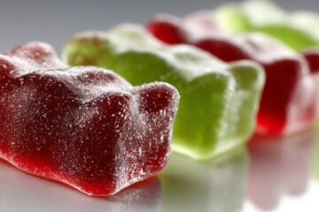 Poster - Colorful gummy bears arranged in a row on a smooth surface with a gradient background