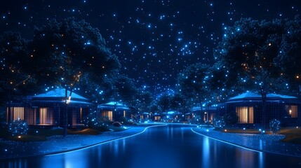 Fototapete - Magical night street with glowing blue wireframe houses and trees under a starry sky. Golden light shines from windows, reflecting on the dark road. Abstract wireframe in dark blue.