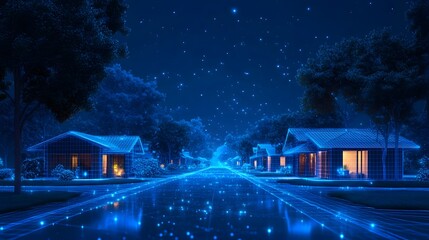 Poster - Futuristic suburban night scene with luminous blue grid houses and warm, orange windows under a starry sky. Trees add contrast to the ethereal glow. Abstract wireframe in dark blue