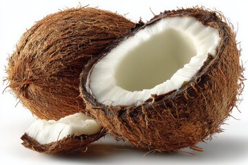 Poster - Fresh coconuts split open revealing white flesh and water on a plain background in natural light