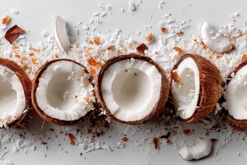 Poster - Freshly cracked coconuts spread out on a white surface with coconut flakes scattered around
