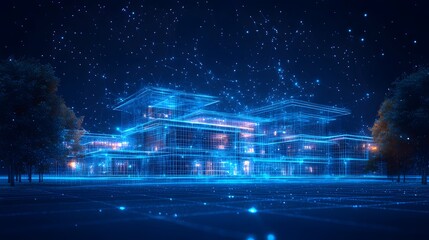 Aufkleber - Futuristic cityscape with a wireframe building and glowing network. Nature meets technology in this abstract, dark blue vision of tomorrow. Modern design showcased.