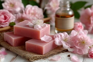 Poster - Relaxing moment with floral scented soap and essence in a serene setting filled with pink roses