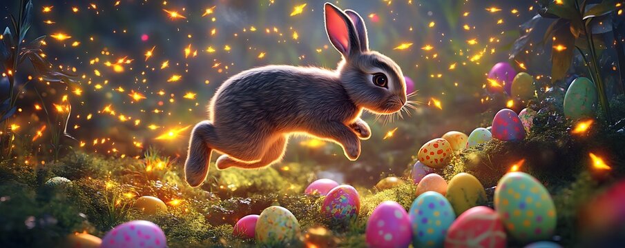 A baby rabbit leaping through glowing fireflies with neon-colored Easter eggs scattered on the ground