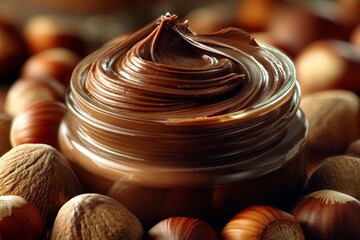 Poster - Rich chocolate hazelnut spread surrounded by whole hazelnuts in natural light