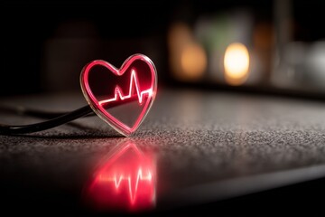 Poster - Heart-shaped light with an electrocardiogram design illuminating a table at a cozy evening setting