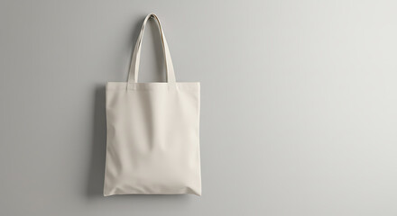 Poster - Blank tote bag product mockup hanging against grey wall, ideal for branding, e-commerce, and retail marketing