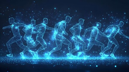Fototapete - Dynamic abstract of wireframe figures in motion against a dark backdrop. Glowing blue lights accentuate their technological design, perfect for modern concepts. Abstract wireframe in dark blue