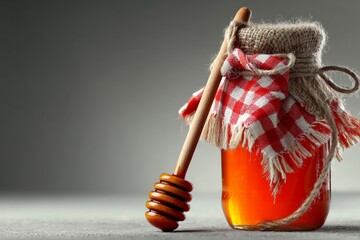 Aufkleber - Glass jar filled with golden honey on a rustic surface with a wooden dipper