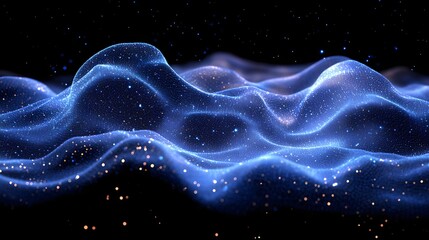 Fototapete - Dynamic digital landscape featuring an undulating blue network against a dark backdrop. Glowing points and warm circles enhance depth. Abstract wireframe in dark blue.