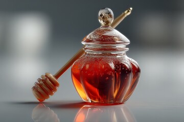 Aufkleber - Beautiful jar of honey with a wooden dipper elegantly placed on a reflective surface
