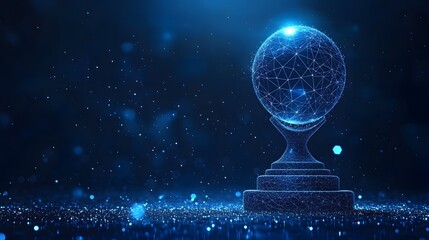 Fototapete - Futuristic trophy with glowing sphere and interconnected lines, set against a dark blue, reflective backdrop. Ideal for technology, innovation, or achievement themes. Abstract wireframe in dark blue.