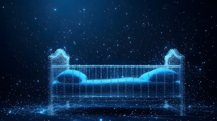 Fototapete - Digital crib design crafted from glowing blue lines, evoking a futuristic and dreamy atmosphere. A wireframe model floating in a star-filled dark space. Abstract wireframe in dark blue.