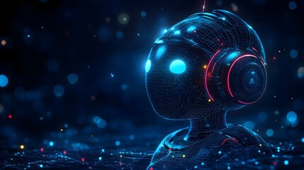 Fototapete - Futuristic robot bust rendered in wireframe style against a dark blue background. Glowing eyes and bokeh effects enhance this abstract wireframe in dark blue.