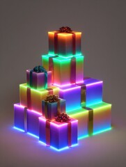 Poster - Colorful Stack of Glow-In-The-Dark Gift Boxes Highlighted in Vibrant Rainbow Shades for Festive Celebrations