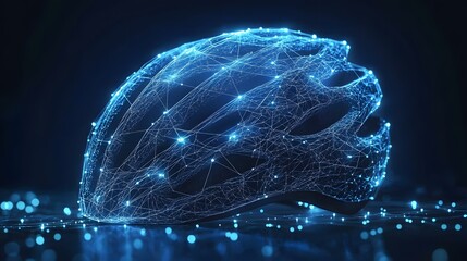 Fototapete - Futuristic bicycle helmet concept with glowing blue wireframe detailing, creating an abstract and modern design aesthetic. Perfect for technology or safety themes. Abstract wireframe in dark blue.