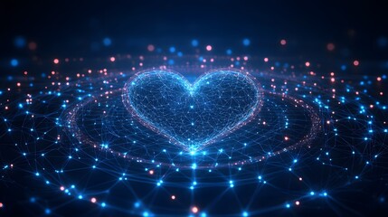 Fototapete - Abstract wireframe heart pulses with digital life. Interconnected nodes and lines radiate outwards, creating a mesmerizing display of connectivity and emotion in dark blue. Data streams like love.
