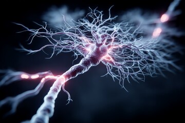 Aufkleber - Detailed visualization of a neuron structure showing connections and electrical impulses in a dark background