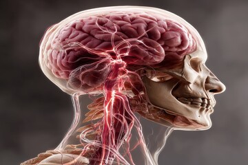 Poster - Detailed depiction of human brain anatomy with vascular structure visible in a side profile view