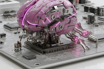 Leinwandbilder - Futuristic robotic brain with metallic arms on a circuit board