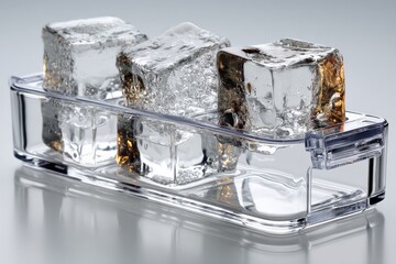 Aufkleber - Ice cubes placed neatly in a clear container on a reflective surface for creative drink presentations