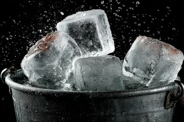 Aufkleber - Ice cubes splashing in a metal bucket creating refreshing droplets in a dark environment