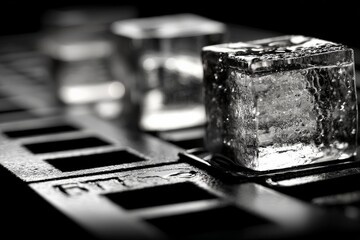 Poster - Close-up view of ice cubes resting on a black surface, highlighting texture and reflections in low lighting during evening hours