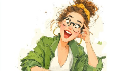 Poster - a woman laughing while talking on phone ,hand drawing cartoon 2d,funny,issolated on white background,stock photo