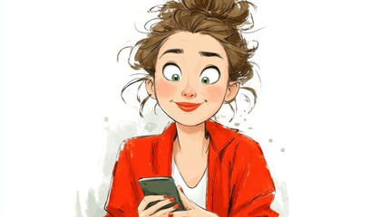 Poster - a woman typing on mobile phone late in the evening ,hand drawing cartoon 2d,funny,issolated on white background