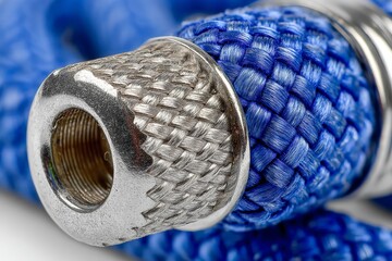 Poster - Close up of a braided blue hose fitting highlighting its metallic end and textured surface in a well-lit setting