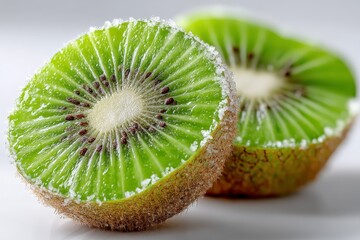 Aufkleber - Fresh kiwi fruit halves coated with sugar sit on a white surface, showcasing vibrant green flesh and a star pattern