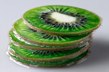 Poster - Freshly sliced kiwi showcasing vibrant green layers with a glossy texture on a neutral background