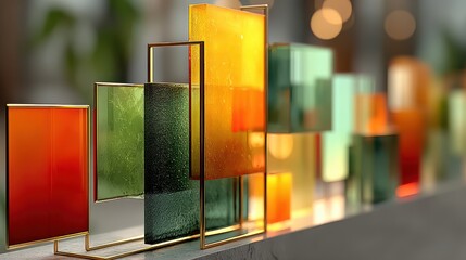 Poster - abstract composition with glass geometric shapes and neon frames 3d rendering,photo stocks