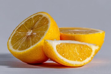 Poster - Freshly cut lemons displaying vibrant yellow color and juicy interior in a simple arrangement on a light backdrop