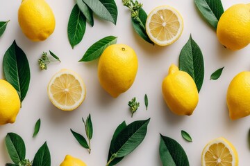 Poster - Fresh lemons arranged artfully with green leaves on a light background during bright daylight