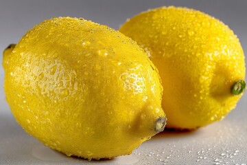 Poster - Fresh lemons glistening with water droplets on a gray background, emphasizing their vibrant color and juicy texture